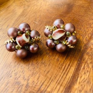70s/80s Vintage Brown And Cream Clustered Beaded Stud Clip-ons